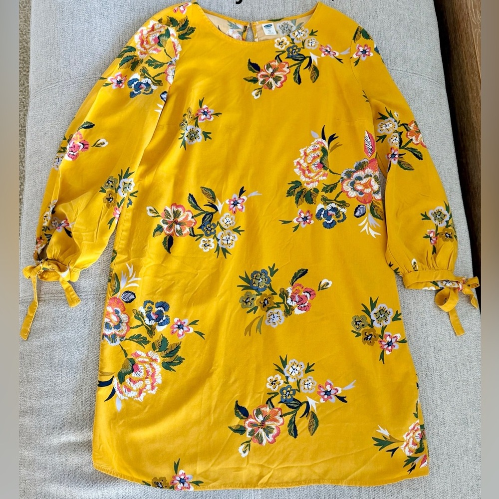 Old Navy Floral Yellow Dress with Tie Sleeves XS